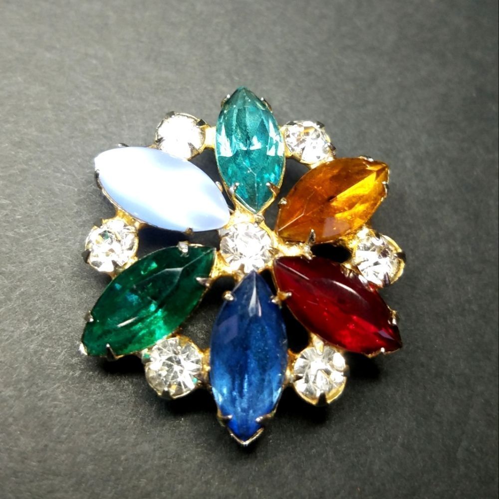 Vintage Julianna Style Cranberry Floral Rhinestone Cluster Multicolor Brooch
